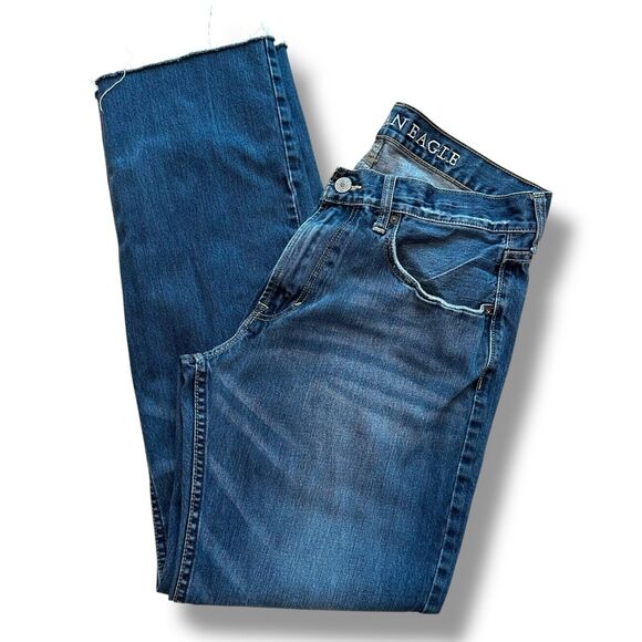 American Eagle Jeans Mens 34 x 32 Mid Rise Boot Cut Blue Cotton Denim Distressed - Picture 3 of 14